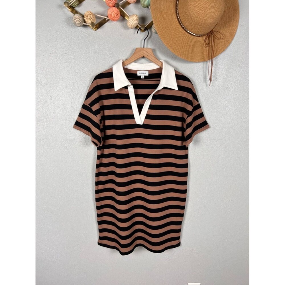 Evereve Nova Polo Mini Shirt Dress Cotton Chocolate Brown/Black Striped Large - Picture 3 of 9